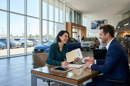 DriveWise lending specialist reviewing a car loan application with a client in a bright modern office